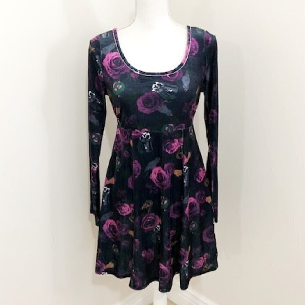 Disney Villains Floral Icons Velvet Long Sleeve Dress Skulls Black Purple Size S